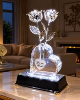 2 Illuminated 8" Silver Roses in Personalized Heart Vase